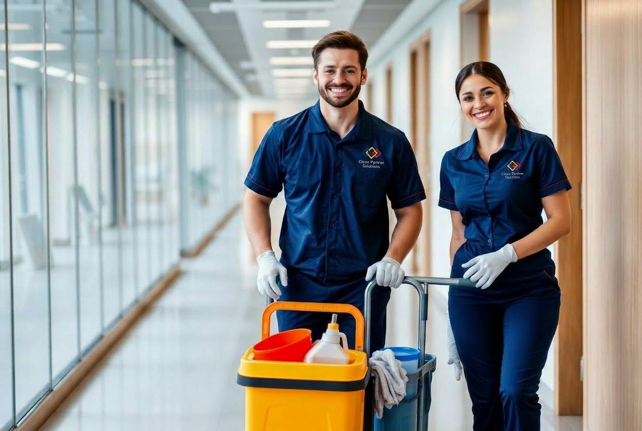 Clean Partner cleaning team in a modern building