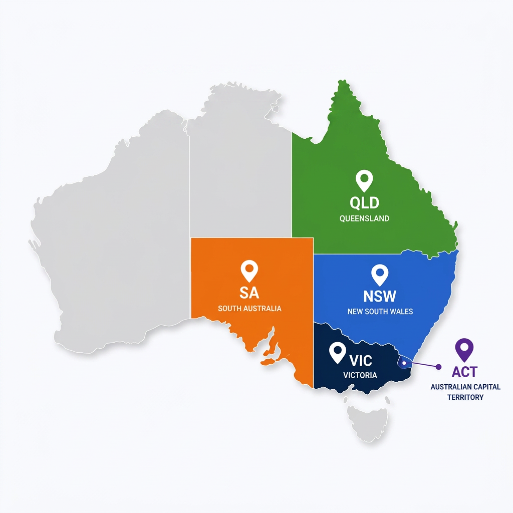 Map of Australia highlighting Clean Partner service areas across QLD, NSW, VIC and ACT